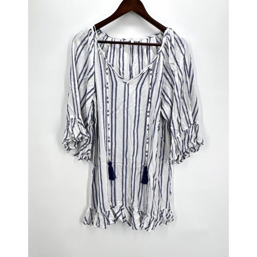 Blue Island Striped Tunic Top Blue White Tassel Ruffle Boho Coastal Women Medium